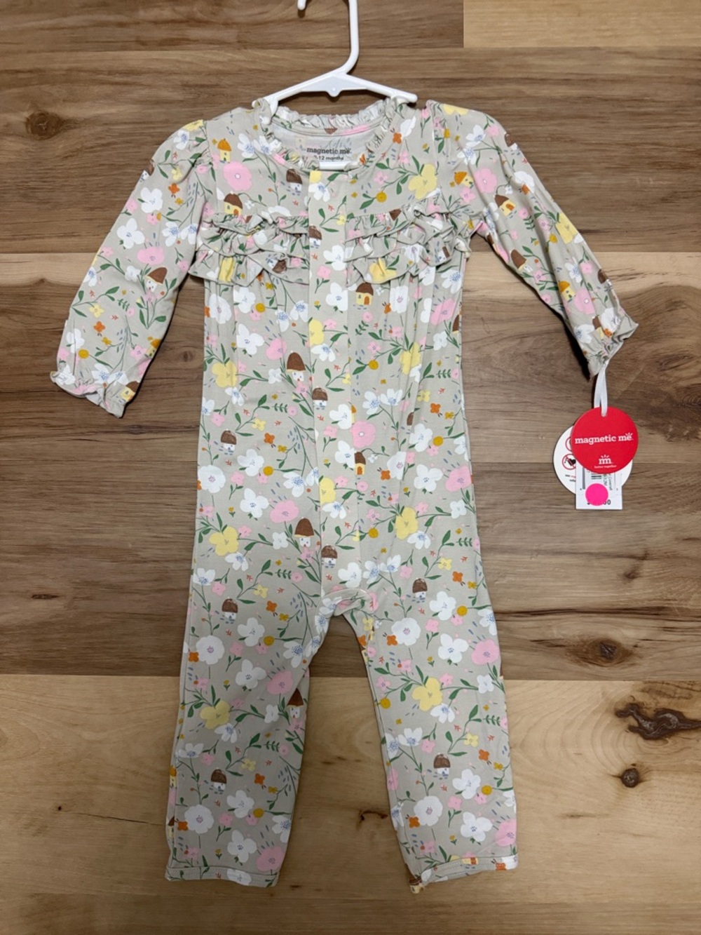 NWT Magnetic Me Beige Floral Ruffle Romper with Pink and Yellow Accents 9-12mo